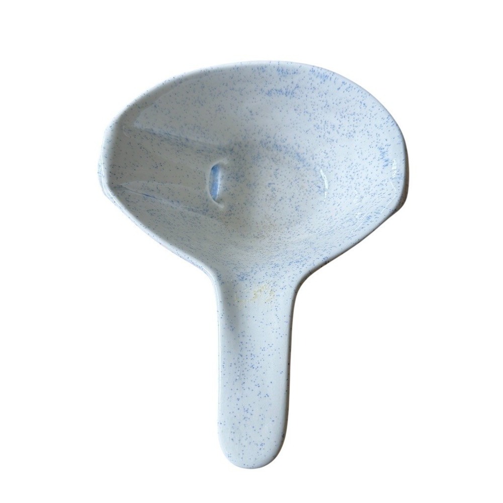 Vintage Blue Speckled Ceramic Spoon Rest Ladle Holder with Handle Drip Slot